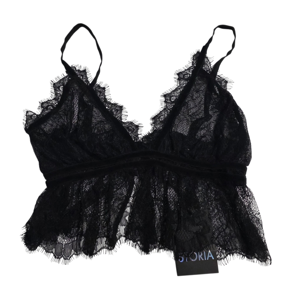 Storia Black Sheer Lace Bralette Velvet Trim NWT Size S